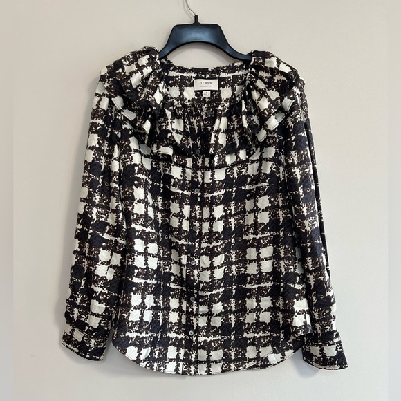 J. Crew Tops - J. Crew Collection Silk Twill Ruffle-Collar Top in Brown Black Ivory Plaid, S